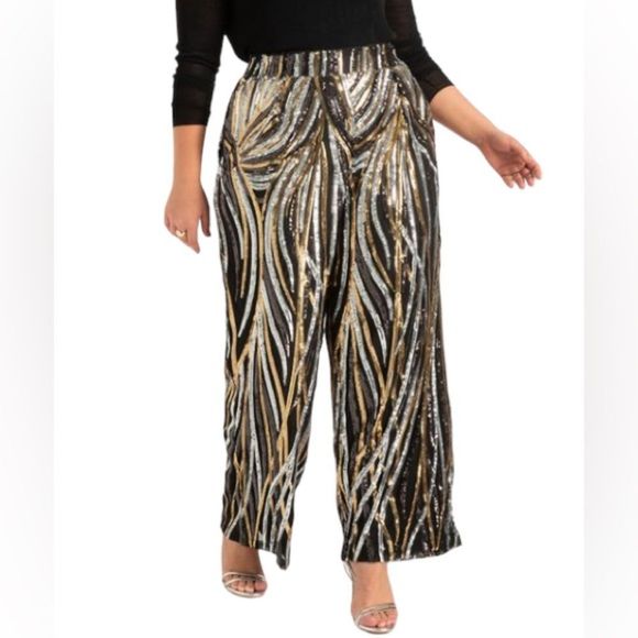 Eloquii Pants - Eloquii Wide Leg Multi Sequin Pant
